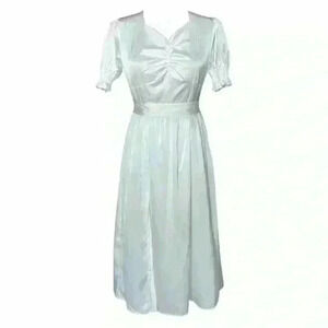 Satin Silky Soft Midi Dress Side Slit Puff Sleeve